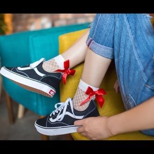 White Fishnet Socks with Red Bow
